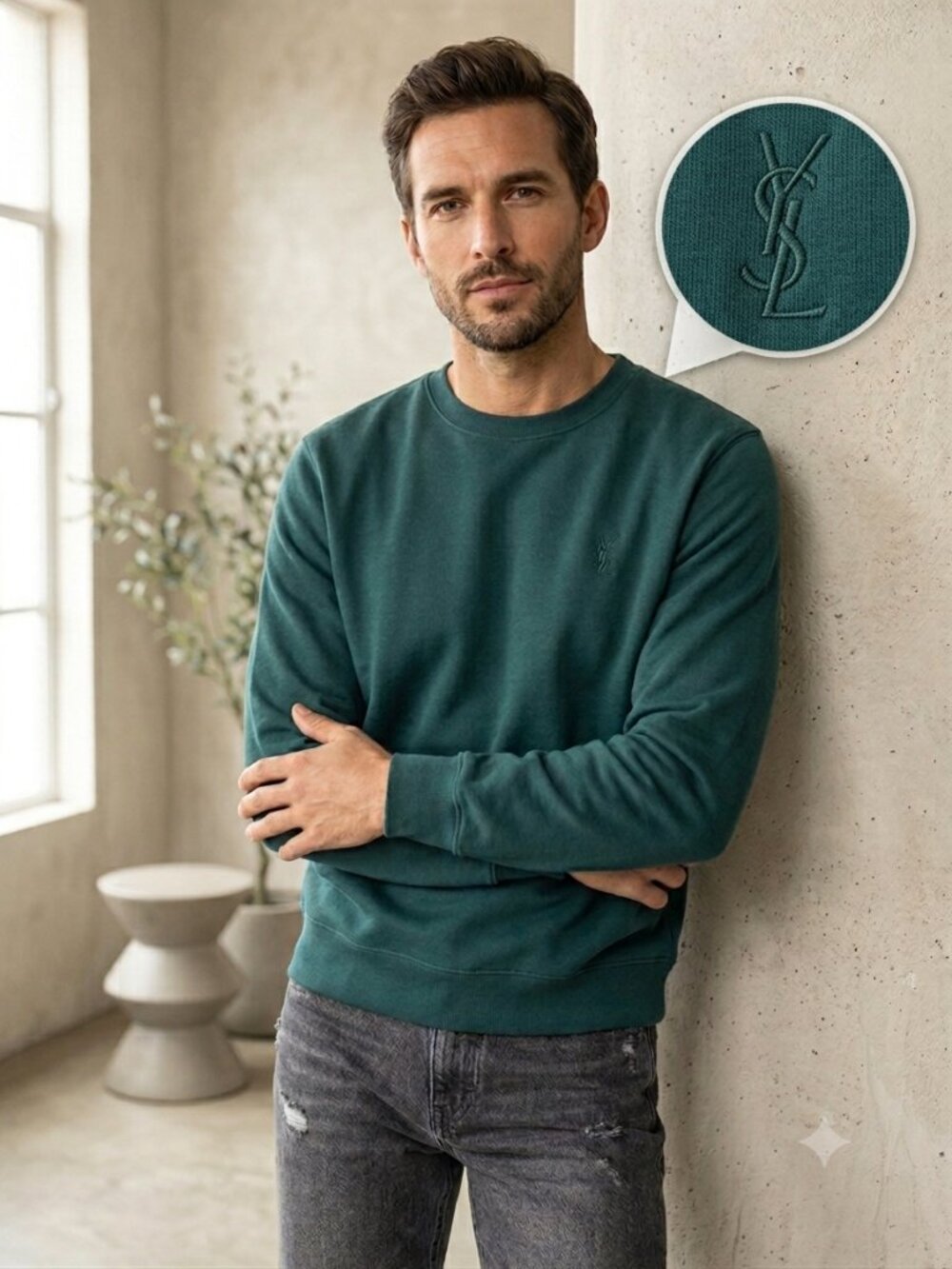 Saint Laurent MENS Logo YSL Notte Teal Sweater